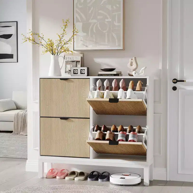 GustoWave Armadietto portascarpe a quattro ante a ribalta, stretto, in legno, con gambe in metallo, moderno mobiletto portascarpe nascosto in stile rustico