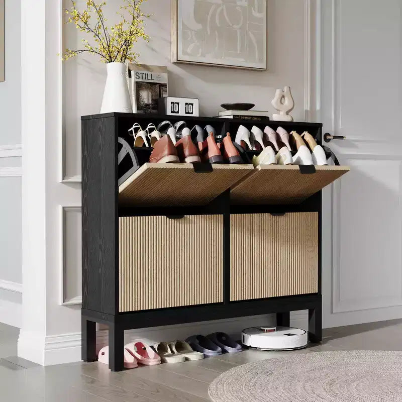 GustoWave Armadietto portascarpe a quattro ante a ribalta, stretto, in legno, con gambe in metallo, moderno mobiletto portascarpe nascosto in stile rustico