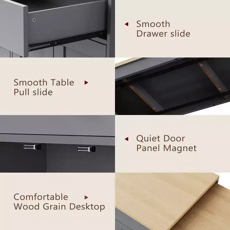 CLIHOME Isola da Cucina con Tavolo da Pranzo Allungabile, Carrello da Cucina su Ruote con Porta Spezie e 2 Cassetti