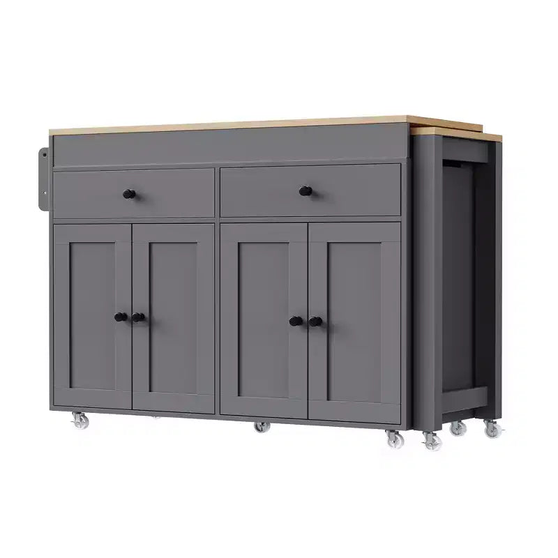 CLIHOME Isola da Cucina con Tavolo da Pranzo Allungabile, Carrello da Cucina su Ruote con Porta Spezie e 2 Cassetti