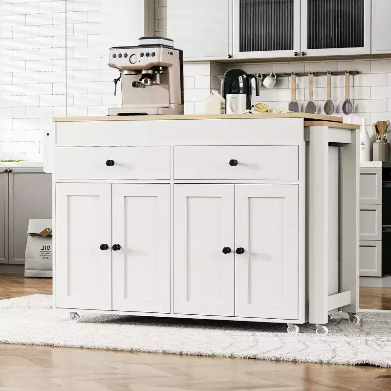 CLIHOME Isola da Cucina con Tavolo da Pranzo Allungabile, Carrello da Cucina su Ruote con Porta Spezie e 2 Cassetti