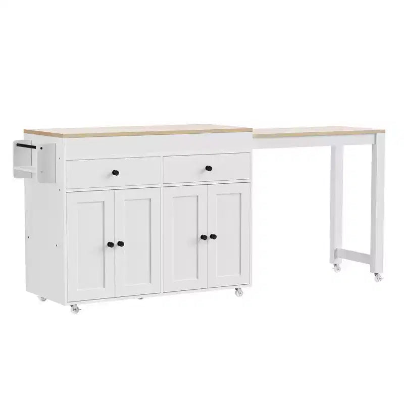 CLIHOME Isola da Cucina con Tavolo da Pranzo Allungabile, Carrello da Cucina su Ruote con Porta Spezie e 2 Cassetti