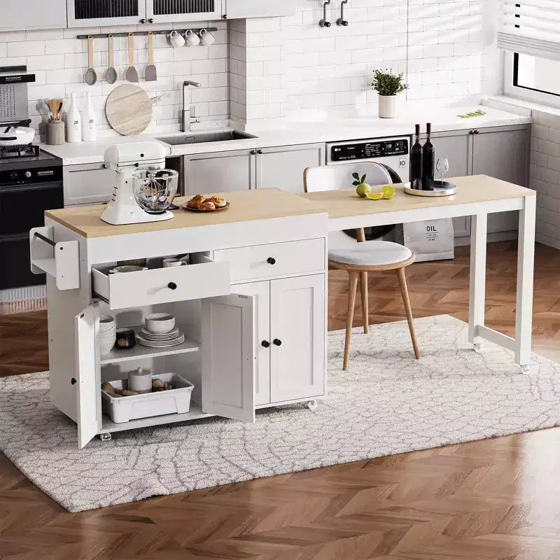CLIHOME Isola da Cucina con Tavolo da Pranzo Allungabile, Carrello da Cucina su Ruote con Porta Spezie e 2 Cassetti