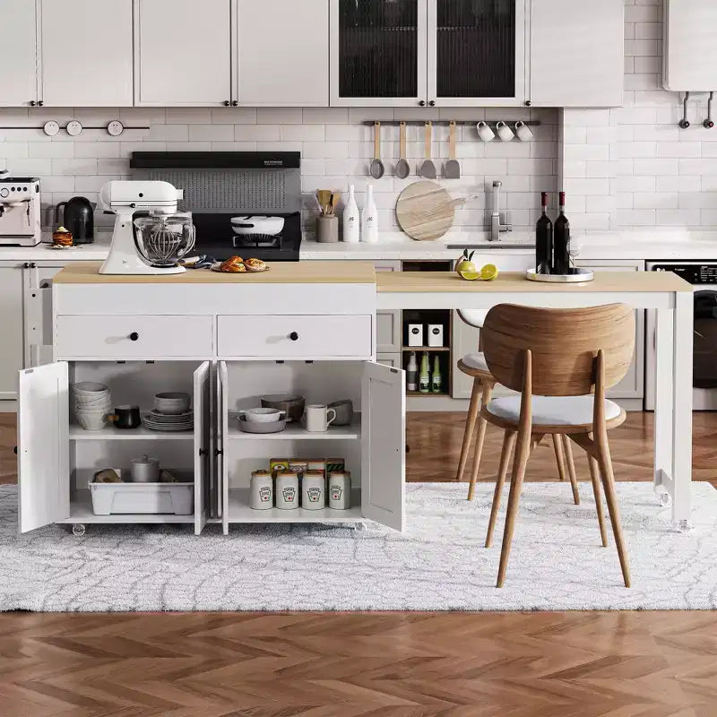 CLIHOME Isola da Cucina con Tavolo da Pranzo Allungabile, Carrello da Cucina su Ruote con Porta Spezie e 2 Cassetti