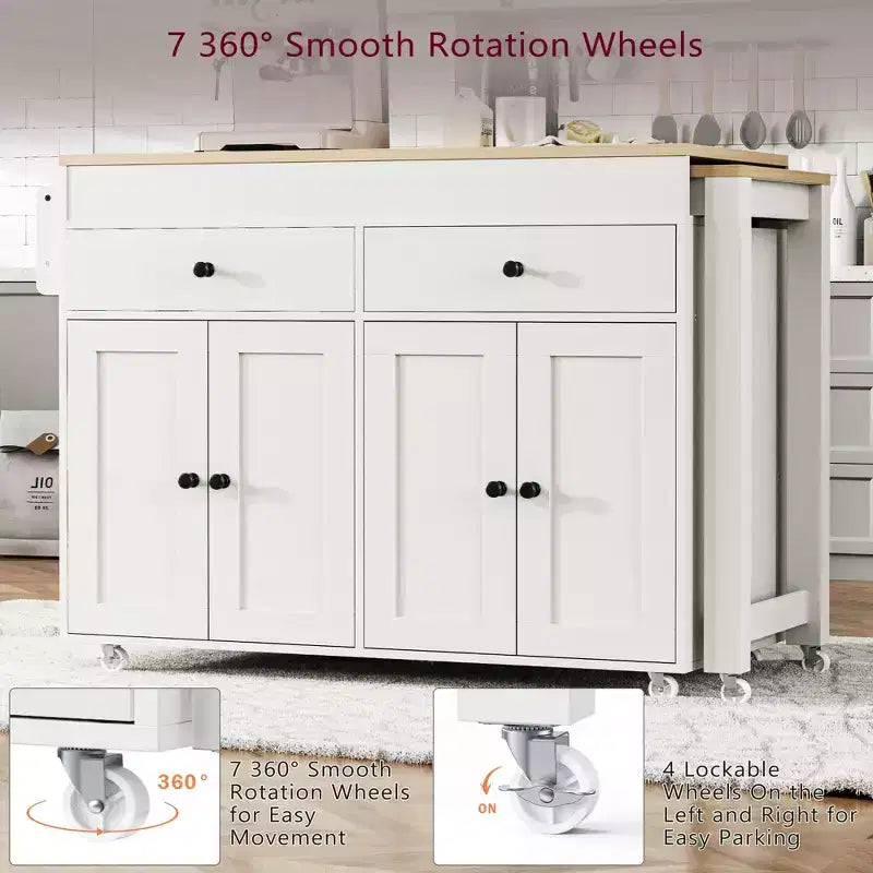 CLIHOME Isola da Cucina con Tavolo da Pranzo Allungabile, Carrello da Cucina su Ruote con Porta Spezie e 2 Cassetti