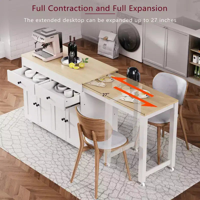 CLIHOME Isola da Cucina con Tavolo da Pranzo Allungabile, Carrello da Cucina su Ruote con Porta Spezie e 2 Cassetti