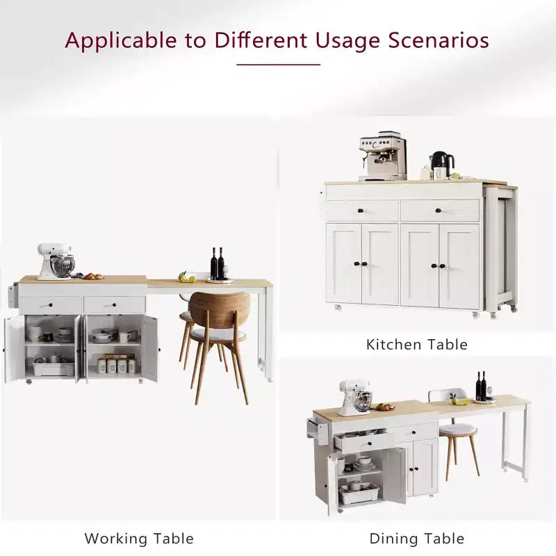 CLIHOME Isola da Cucina con Tavolo da Pranzo Allungabile, Carrello da Cucina su Ruote con Porta Spezie e 2 Cassetti
