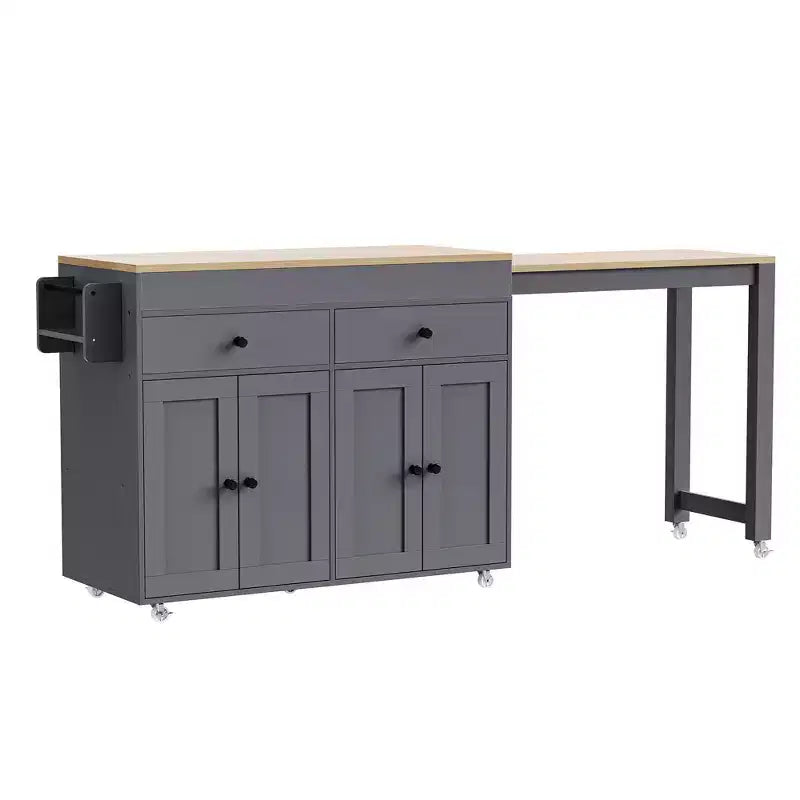 CLIHOME Isola da Cucina con Tavolo da Pranzo Allungabile, Carrello da Cucina su Ruote con Porta Spezie e 2 Cassetti