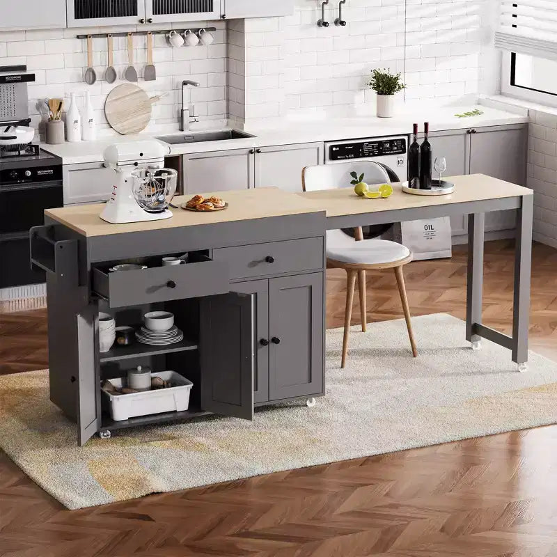 CLIHOME Isola da Cucina con Tavolo da Pranzo Allungabile, Carrello da Cucina su Ruote con Porta Spezie e 2 Cassetti