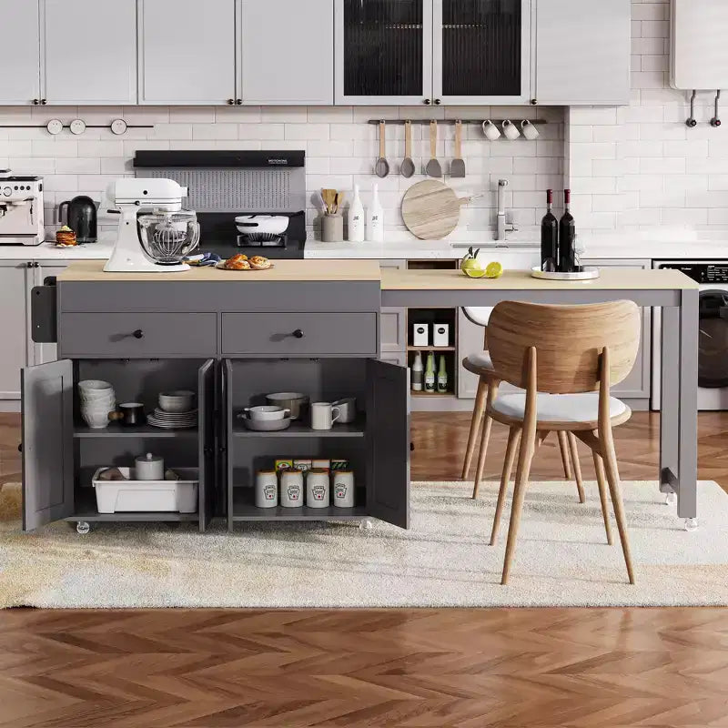 CLIHOME Isola da Cucina con Tavolo da Pranzo Allungabile, Carrello da Cucina su Ruote con Porta Spezie e 2 Cassetti