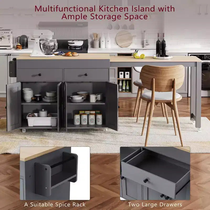 CLIHOME Isola da Cucina con Tavolo da Pranzo Allungabile, Carrello da Cucina su Ruote con Porta Spezie e 2 Cassetti