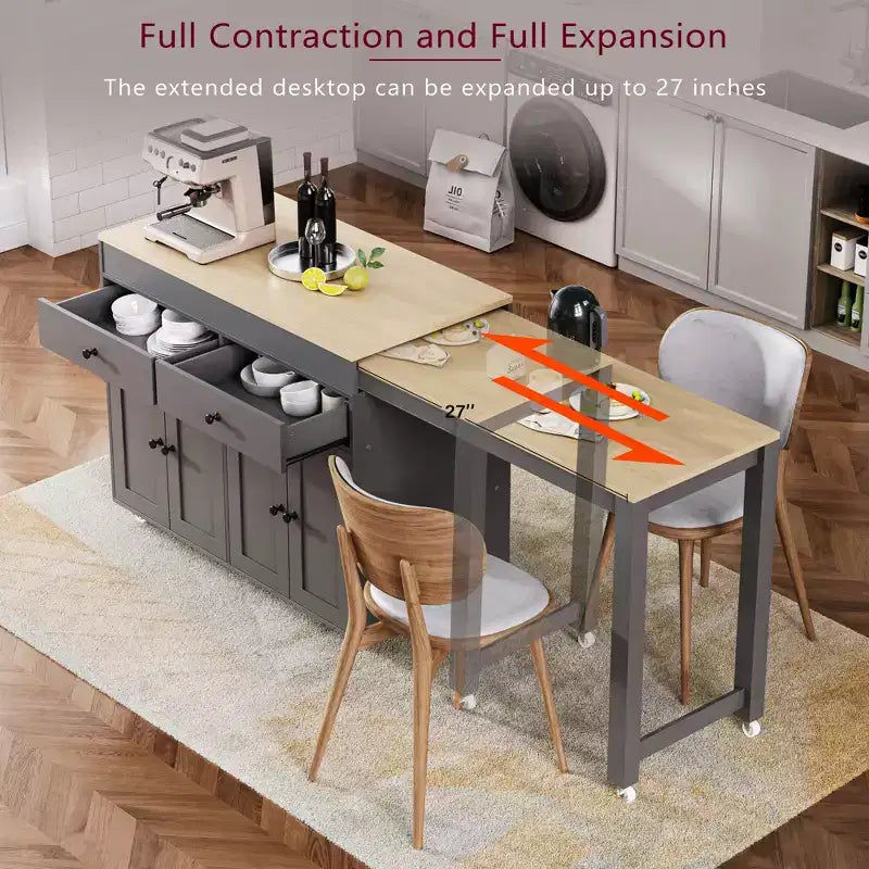 CLIHOME Isola da Cucina con Tavolo da Pranzo Allungabile, Carrello da Cucina su Ruote con Porta Spezie e 2 Cassetti