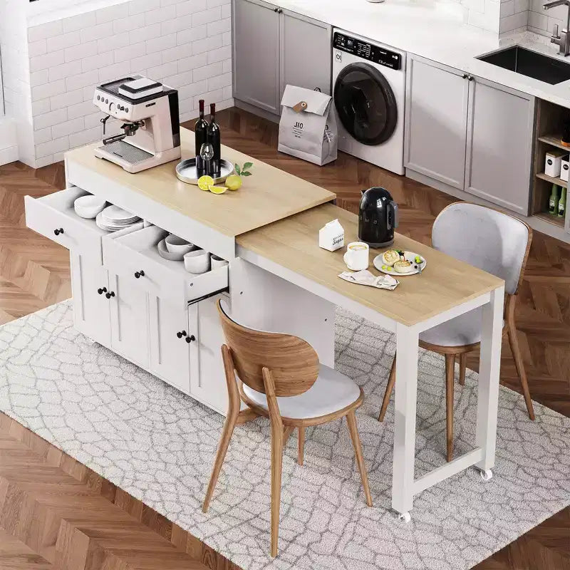 CLIHOME Isola da Cucina con Tavolo da Pranzo Allungabile, Carrello da Cucina su Ruote con Porta Spezie e 2 Cassetti