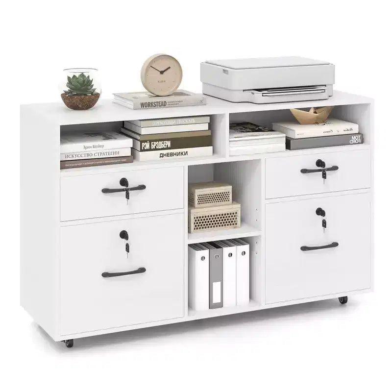 Costway Mobiletto Portadocumenti con Serratura a 4 Cassetti per Documenti Formato A4/Letter, Ripiano Regolabile, Bianco/Nero