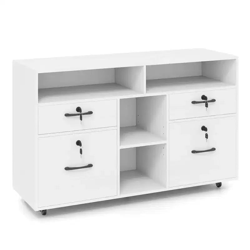 Costway Mobiletto Portadocumenti con Serratura a 4 Cassetti per Documenti Formato A4/Letter, Ripiano Regolabile, Bianco/Nero