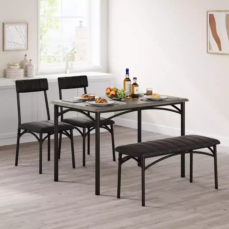 Set tavolo da pranzo per 4 persone, Tavolo da cucina con sedie per 4 persone, Set tavolo da pranzo rettangolare in legno con panca imbottita per piccoli spazi, Appartamento