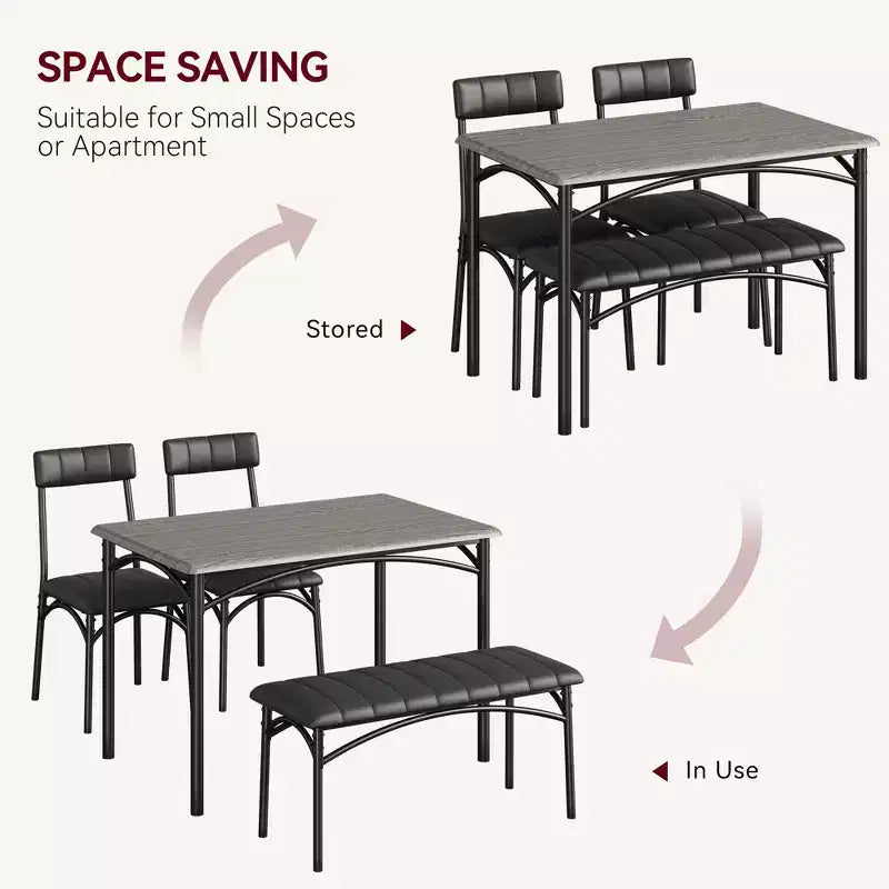 Set tavolo da pranzo per 4 persone, Tavolo da cucina con sedie per 4 persone, Set tavolo da pranzo rettangolare in legno con panca imbottita per piccoli spazi, Appartamento
