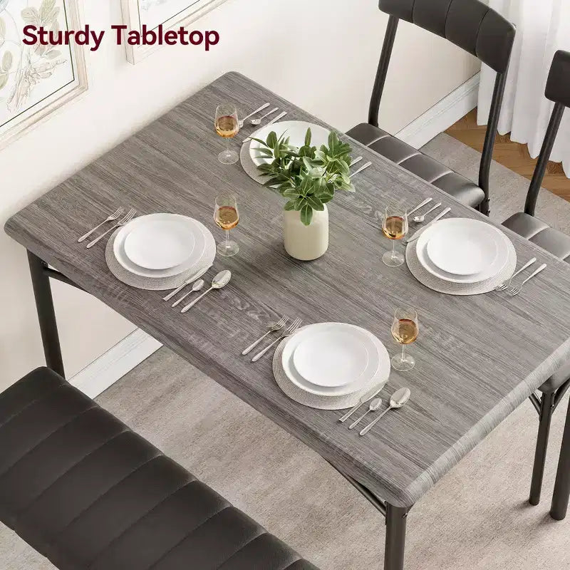 Set tavolo da pranzo per 4 persone, Tavolo da cucina con sedie per 4 persone, Set tavolo da pranzo rettangolare in legno con panca imbottita per piccoli spazi, Appartamento