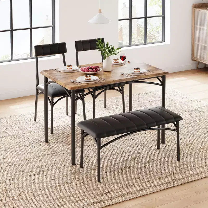 Set tavolo da pranzo per 4 persone, Tavolo da cucina con sedie per 4 persone, Set tavolo da pranzo rettangolare in legno con panca imbottita per piccoli spazi, Appartamento