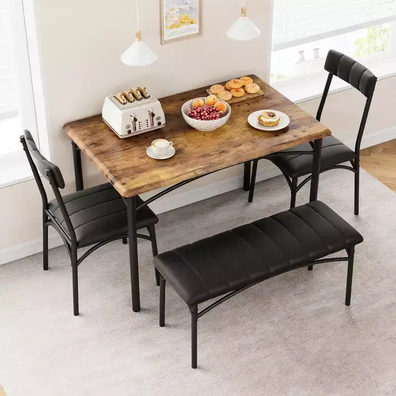 Set tavolo da pranzo per 4 persone, Tavolo da cucina con sedie per 4 persone, Set tavolo da pranzo rettangolare in legno con panca imbottita per piccoli spazi, Appartamento