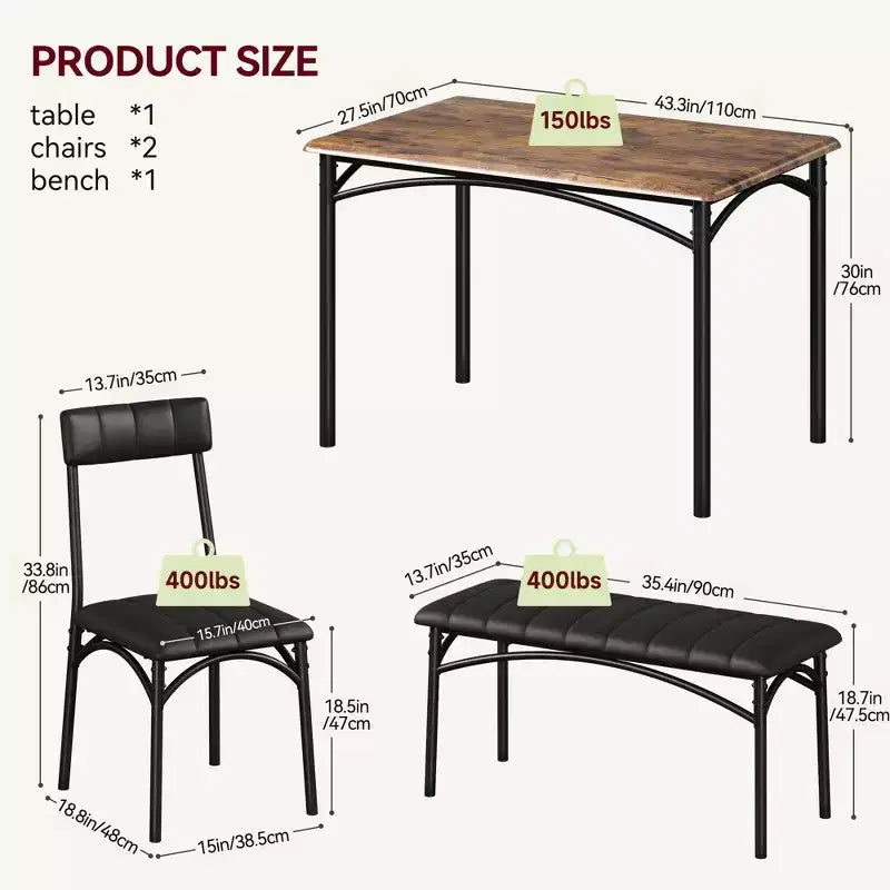 Set tavolo da pranzo per 4 persone, Tavolo da cucina con sedie per 4 persone, Set tavolo da pranzo rettangolare in legno con panca imbottita per piccoli spazi, Appartamento