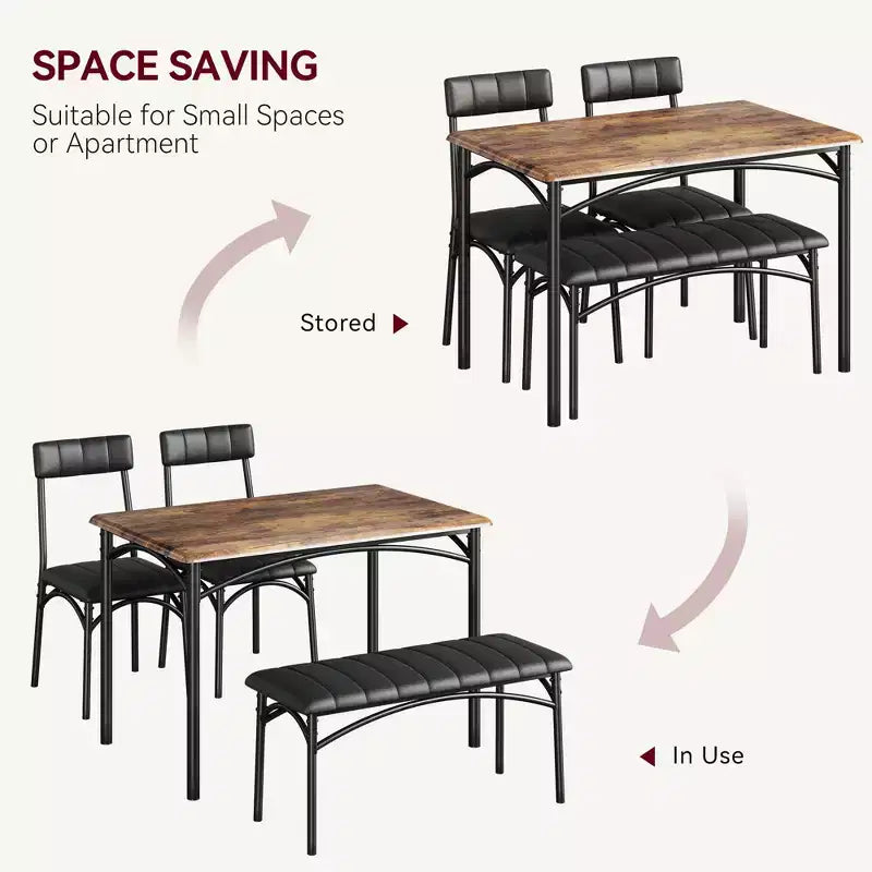Set tavolo da pranzo per 4 persone, Tavolo da cucina con sedie per 4 persone, Set tavolo da pranzo rettangolare in legno con panca imbottita per piccoli spazi, Appartamento