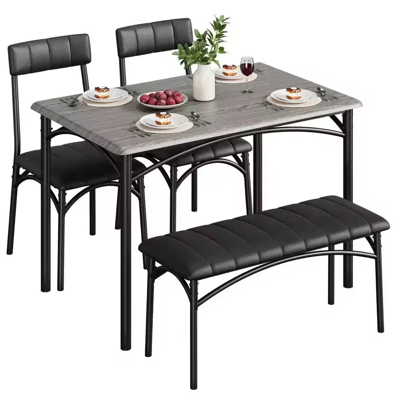 Set tavolo da pranzo per 4 persone, Tavolo da cucina con sedie per 4 persone, Set tavolo da pranzo rettangolare in legno con panca imbottita per piccoli spazi, Appartamento