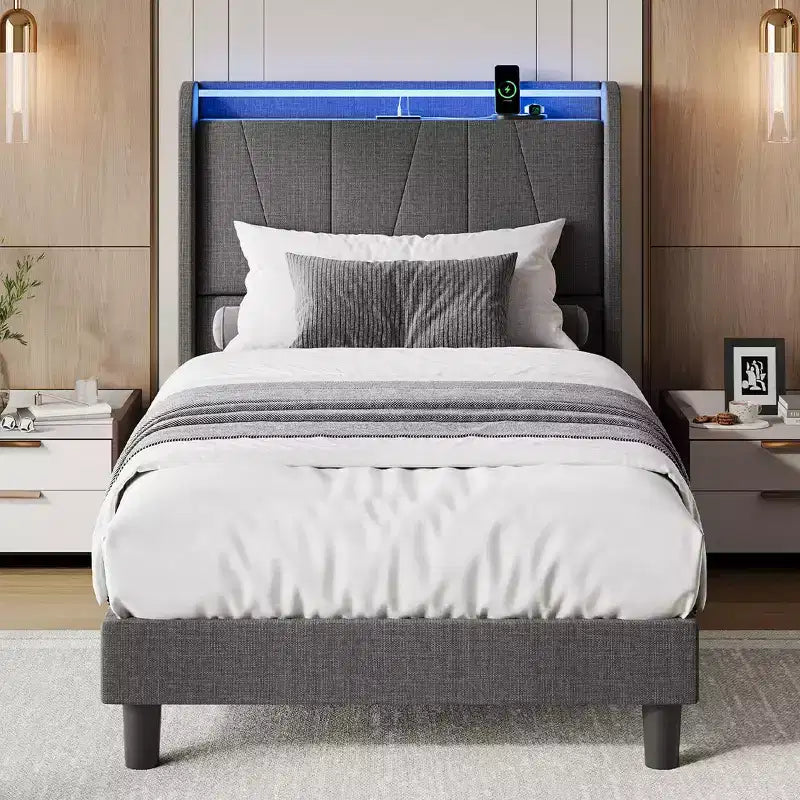 King LED Bed Frame with Charging Station, Upholstered Platform Bed Frame with Headboard, Wood Slats Support, Under Bed Storage, No Box Spring Needed
