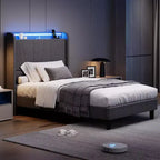 Telaio Letto King LED con Stazione di Ricarica, Telaio Letto a Piattaforma Imbottito con Testiera, Supporto a Doghe in Legno, Contenitore Sotto il Letto, Nessuna Rete a Molle Necessaria