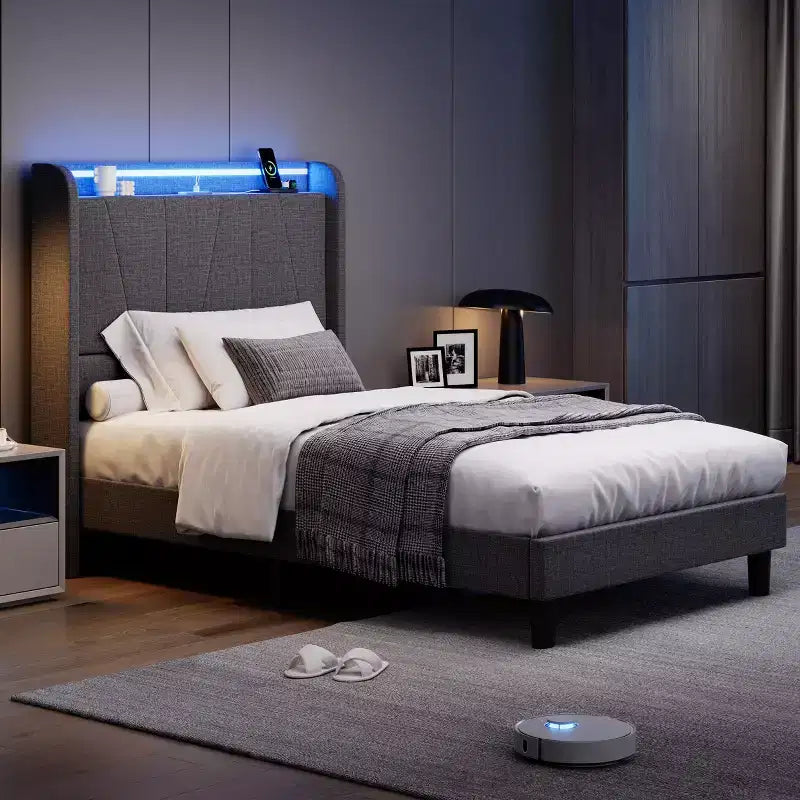 Telaio Letto King LED con Stazione di Ricarica, Telaio Letto a Piattaforma Imbottito con Testiera, Supporto a Doghe in Legno, Contenitore Sotto il Letto, Nessuna Rete a Molle Necessaria