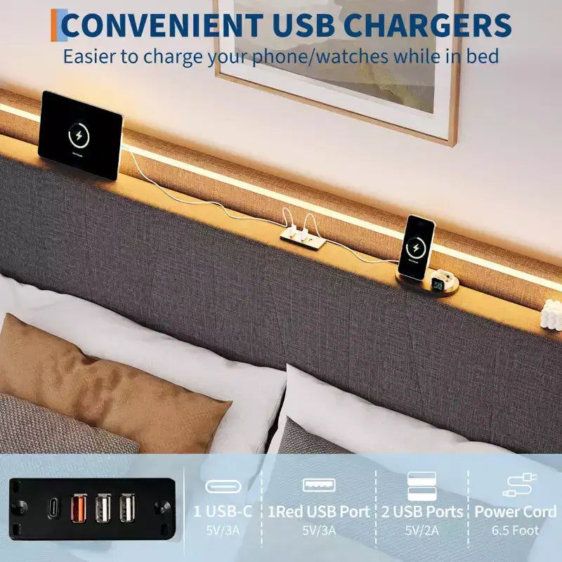 Telaio Letto King LED con Stazione di Ricarica, Telaio Letto a Piattaforma Imbottito con Testiera, Supporto a Doghe in Legno, Contenitore Sotto il Letto, Nessuna Rete a Molle Necessaria