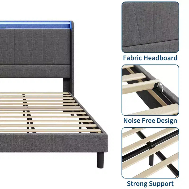 Telaio Letto King LED con Stazione di Ricarica, Telaio Letto a Piattaforma Imbottito con Testiera, Supporto a Doghe in Legno, Contenitore Sotto il Letto, Nessuna Rete a Molle Necessaria