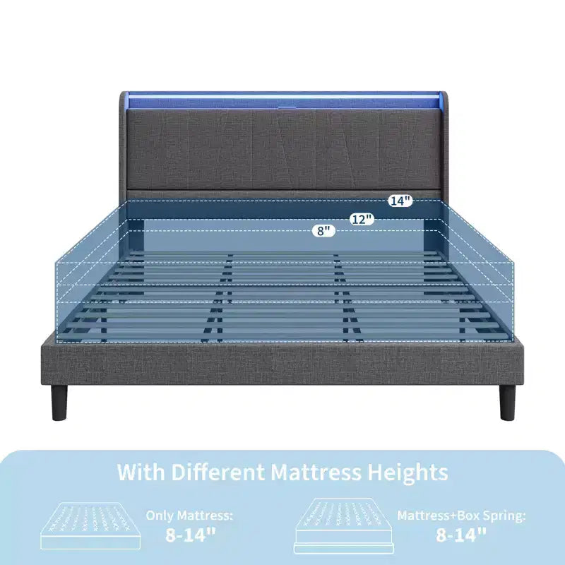 Telaio Letto King LED con Stazione di Ricarica, Telaio Letto a Piattaforma Imbottito con Testiera, Supporto a Doghe in Legno, Contenitore Sotto il Letto, Nessuna Rete a Molle Necessaria