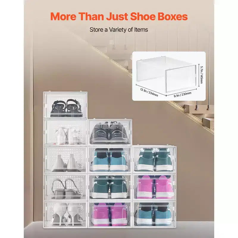 VEVOR Scatole per Scarpe, 12 Pezzi Contenitori per Scarpe Impilabili, Adatti fino alla Misura 45 EU, Trasparente e Bianco