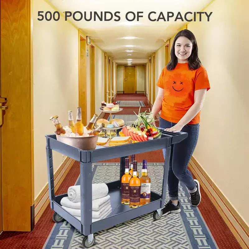 Carrello di servizio, carrello di utilità in plastica con 2 ripiani e capacità di 250 kg, carrello da lavoro con ruote girevoli a 360°