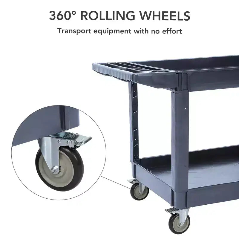 Carrello di servizio, carrello di utilità in plastica con 2 ripiani e capacità di 250 kg, carrello da lavoro con ruote girevoli a 360°