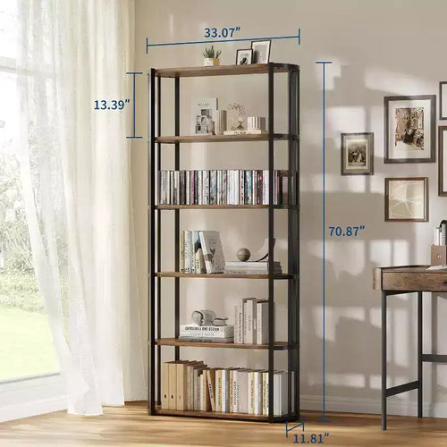 Acekool 71 Libreria in Legno, Scaffale Industriale a 6 Livelli con Struttura in Metallo, Grande Scaffale Aperto per Camera da Letto, Soggiorno, Ufficio, Marrone
