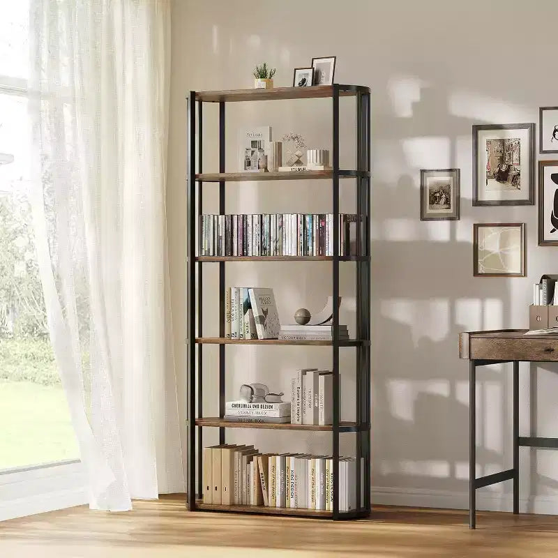 Acekool 71 Libreria in Legno, Scaffale Industriale a 6 Livelli con Struttura in Metallo, Grande Scaffale Aperto per Camera da Letto, Soggiorno, Ufficio, Marrone