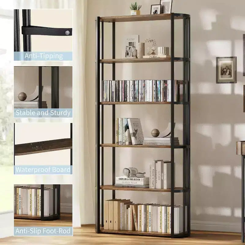 Acekool 71 Libreria in Legno, Scaffale Industriale a 6 Livelli con Struttura in Metallo, Grande Scaffale Aperto per Camera da Letto, Soggiorno, Ufficio, Marrone