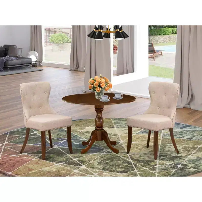 HomeStock Belmont, set da pranzo di 3 pezzi, 1 tavolo allungabile e 2 sedie da pranzo in tessuto di lino chiaro - Finitura noce acacia