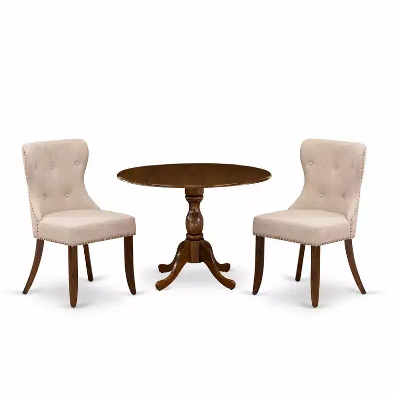 HomeStock Belmont, set da pranzo di 3 pezzi, 1 tavolo allungabile e 2 sedie da pranzo in tessuto di lino chiaro - Finitura noce acacia