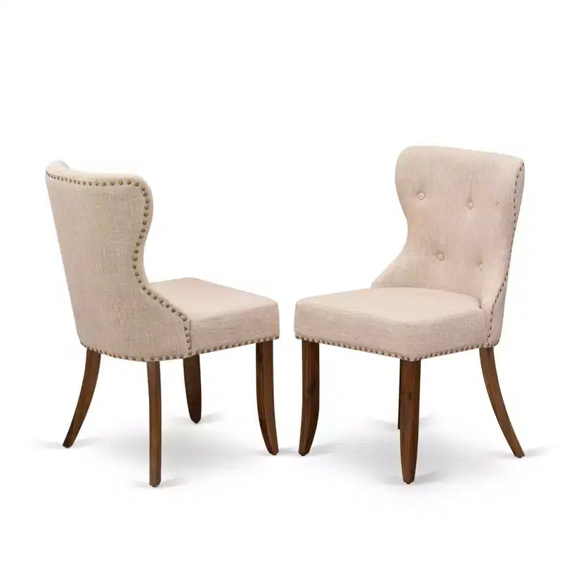 HomeStock Belmont, set da pranzo di 3 pezzi, 1 tavolo allungabile e 2 sedie da pranzo in tessuto di lino chiaro - Finitura noce acacia