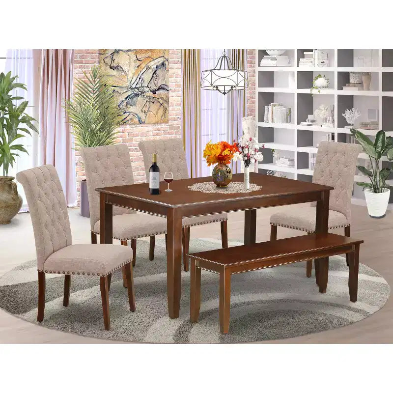 HomeStock Belmont 6Pc Dining Set Includes a Rectangle Dining Table, Four Parson Chairs with Light Fawn Fabric and a Bench, Mahogany Finish