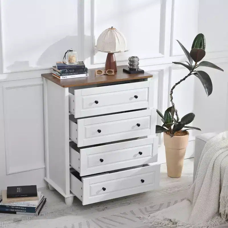 MAYEERTY Mobile Contenitore Moderno con 4 Cassetti Alto in Legno per Soggiorno Ingresso Bianco Avorio