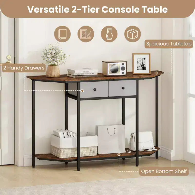 Tavolo Consolle Costway 51 con 2 Cassetti Ripiano Aperto e 2 Livelli per Ingresso