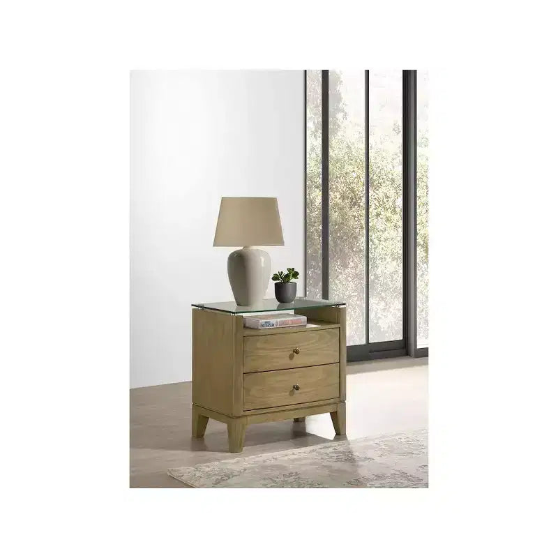 Coaster, Comodino Granada con 2 cassetti e piano in vetro, Pino naturale