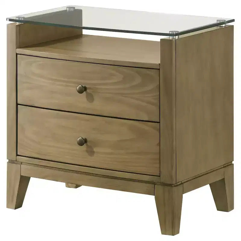 Coaster, Comodino Granada con 2 cassetti e piano in vetro, Pino naturale