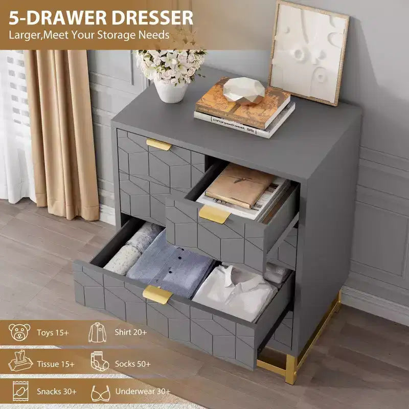 Comodino Moderno con Cassetti, Organizer per Armadio con Gambe in Metallo, Ampio Spazio e 5 Cassetti per Camera da Letto, Soggiorno, Corridoio