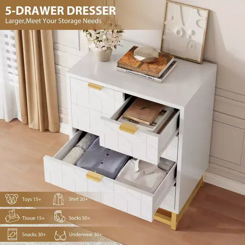 Comodino Moderno con Cassetti, Organizer per Armadio con Gambe in Metallo, Ampio Spazio e 5 Cassetti per Camera da Letto, Soggiorno, Corridoio