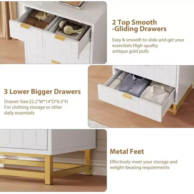 Comodino Moderno con Cassetti, Organizer per Armadio con Gambe in Metallo, Ampio Spazio e 5 Cassetti per Camera da Letto, Soggiorno, Corridoio